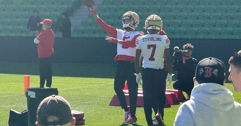 San Franciso 49ers players train at Melbourne Rectangular Stadium ahead of the first NFL game in Australia