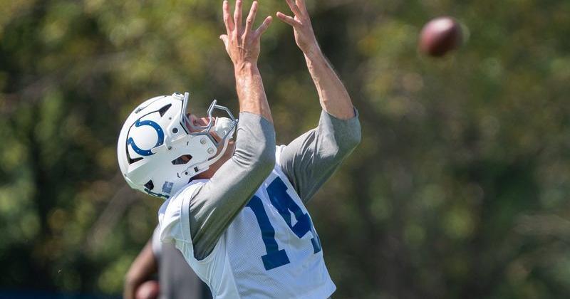 Indianapolis Colts wide receiver Alec Pierce (14) pulls in a pass Thursday, Aug. 27, 2026, during practice at Indiana Farm Bureau Football Center.