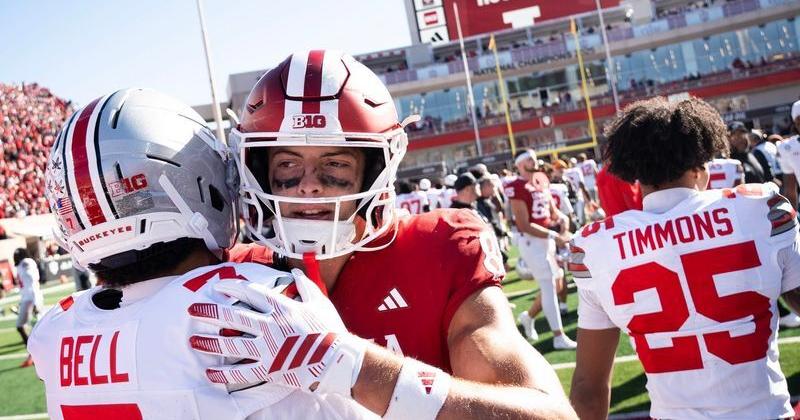 Indiana's Charlie Becker (80) hugs Ohio State's Phillip Bell (7) after the Indiana versus Ohio State football game at Memorial Stadium on Saturday, Oct. 17, 2026.