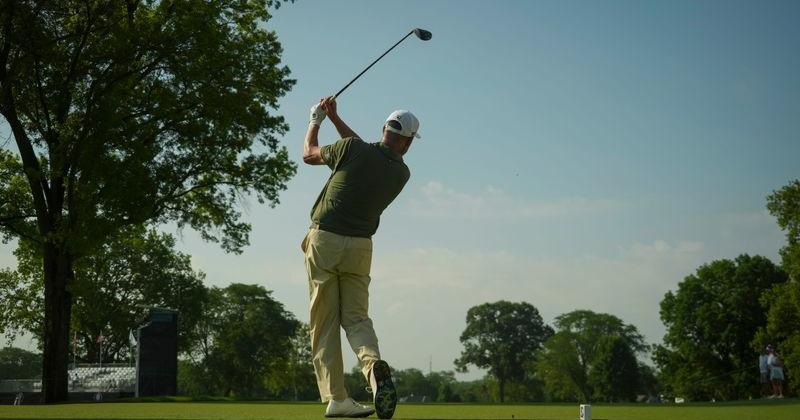 Michael Block tees off on the first hole during the first round of the U.S. Senior Open at Scioto Country Club in Columbus on