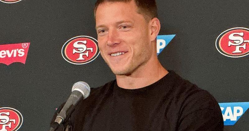 San Francisco 49ers running back Christian McCaffrey speaks at a press conference ahead of the first NFL game in Australia
