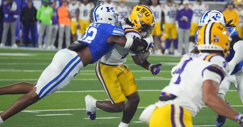 Kentucky’s Grant Godfrey against LSU ’s Dilin Jones at Kroger Field Saturday evening. Oct. 10, 2026
