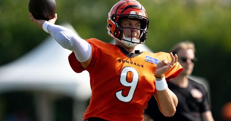 Cincinnati Bengals quarterback Joe Burrow (9) throws a pass during Bengals practice at the Kettering Practice Fields in Cincinnati, Ohio, on Thursday, August 6, 2026.