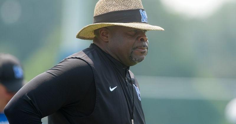 Memphis football head coach Charles Huff watches his players run a drill during fall practice at the Billy J. Murphy Athletic Complex in Memphis, Tenn., on July 30, 2026.