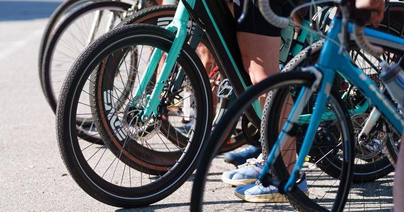 A group of cyclists prepare to take off on a group ride hosted by Michiana Bicycle Association on Monday, Aug. 3, 2026, in South Bend.