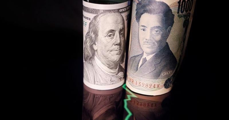 Illustration picture of Japanese yen and U.S. dollar banknotes