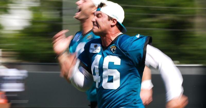 Jacksonville Jaguars punter Logan Cooke and long snapper Ross Matiscik (46) run wind sprints at the Miller Electric Center in Jacksonville on Aug. 6.