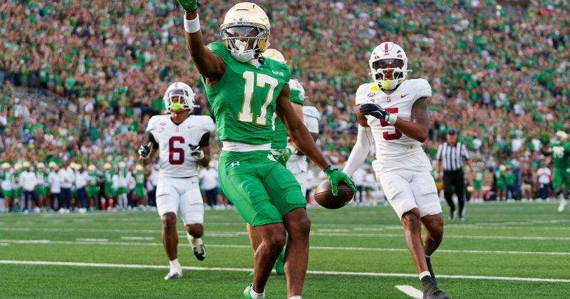Notre Dame wide receiver Elijah Burress (17) celebrates after scoring a touchdown against Stanford at Notre Dame Stadium on Saturday, Oct. 10, 2026, in South Bend, Ind.