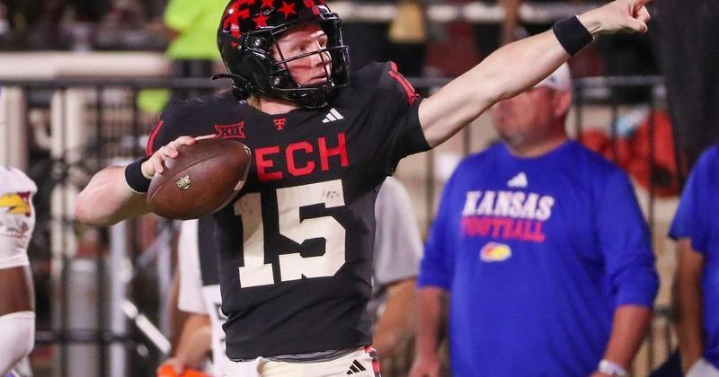 Texas Tech's Will Hammond signals for a first down after a run against Kansas during a Big 12 Conference football game, Saturday, Oct. 11, 2025, at Jones AT&T Stadium in Lubbock.