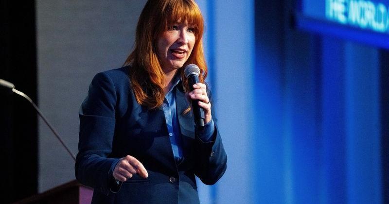 Lindsay James, Democratic candidate for Iowa’s 2nd congressional district, speaks to the crowd during the Iowa Democrats’ Liberty and Justice fundraiser on July 12, 2026, at the Prairie Meadows Events Center in Altoona.