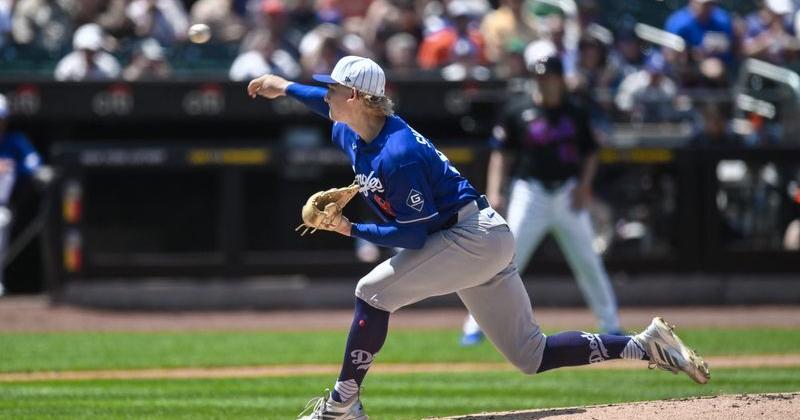 Los Angeles Dodgers pitcher Emmet Sheehan (80) pitches against the New York Mets during the first inning at Citi Field in New York, New York.