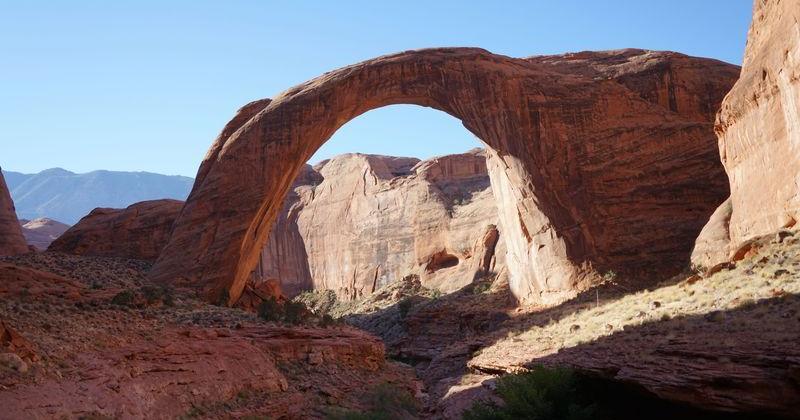 Rainbow Bridge is North America's largest natural rock bridge, and the biggest sandstone bridge in the world. The bridge plays a central role in many Native American creation stories from the area, and is still the site of ceremonies for people who live in the area.