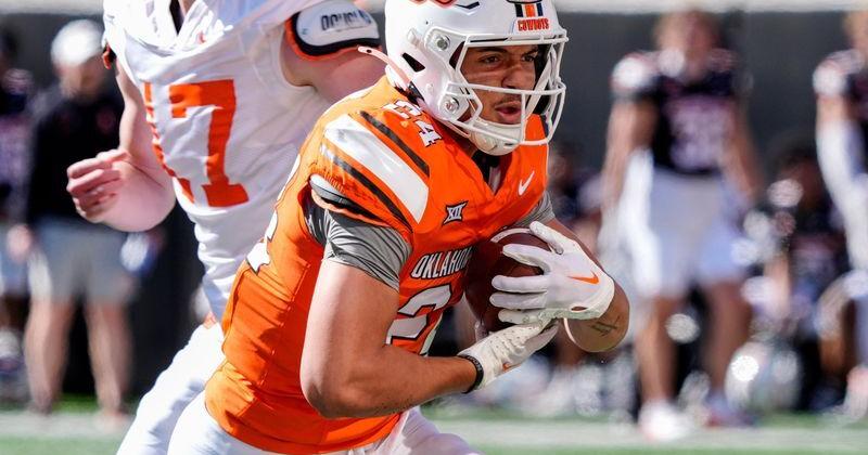 Oklahoma State's Caleb Hawkins runs for a touchdown during a spring football game for the Oklahoma State University Cowboys at Boone Pickens Stadium in Stillwater, Okla., Saturday, April 18, 2026.