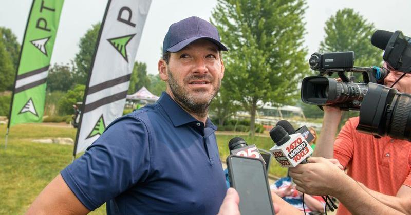 CBS sportscaster and former NFL quarterback Tony Romo chats with the media Tuesday, June 27, 2023 during the OSF Children's Hospital of Illinois Championship & Pro-Am at Metamora Fields Golf Club.