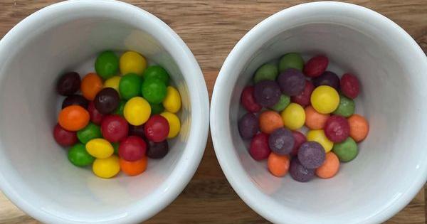 Original Skittles on the left, no artificial color Skittles on the right.