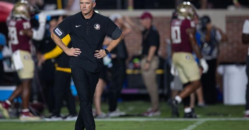 Florida State football coach Mike Norvell stands on the field during warmups before his team faced SMU at Doak Campbell Stadium on Monday, Sept. 7, 2026.