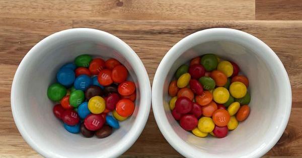 Original M&Ms on the left, no artificial color M&Ms on the right.