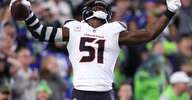 Oct 20, 2025; Seattle, Washington, USA; Houston Texans defensive end Will Anderson Jr. (51) celebrates a fumble recovery in the end zone for a touchdown during the third quarter against the Seattle Seahawks at Lumen Field. Mandatory Credit: Kevin Ng-Imagn Images