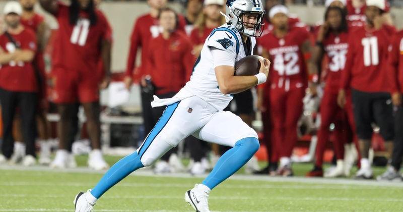 Aug 6, 2026; Canton, Ohio, USA; Carolina Panthers quarterback Haynes King (16) runs the ball during the game against the Arizona Cardinals at Tom Benson Hall of Fame Stadium. Mandatory Credit: Charles LeClaire-Imagn Images