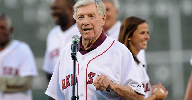 Boston Red Sox former manager Joe Morgan addresses the crowd during pregame ceremonies prior to a game against the Seattle Mariners at Fenway Park.
