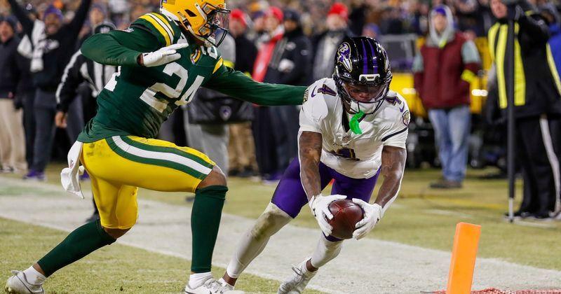 Baltimore Ravens wide receiver Zay Flowers (4) reaches the ball across the goal line to score a touchdown against the Green Bay Packers on Saturday, December 27, 2025, at Lambeau Field in Green Bay, Wis. The Ravens won the game, 41-24.
Tork Mason/USA TODAY NETWORK-Wisconsin
