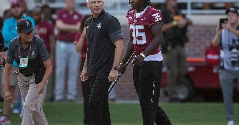 Florida State Seminoles head coach Mike Norvell walks out on the field with Florida State Seminoles linebacker Ethan Pritchard (35). The Florida State Seminoles lead the New Mexico State Aggies 17-7 at the half on Saturday, Aug. 29, 2026.