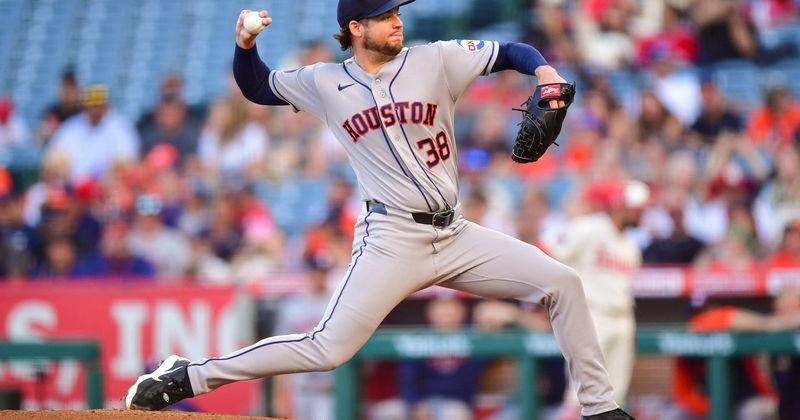 Houston Astros pitcher Peter Lambert (38) inn action against the Los Angeles Angels during the first inning at Angel Stadium in Anaheim, California.