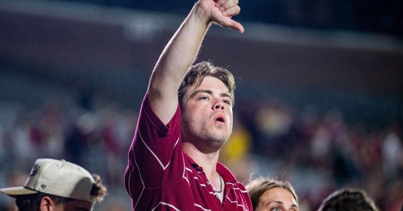 A Florida State fan holds up a thumbs down signal while yelling “boo” at Florida State Seminoles head coach Mike Norvell after the Seminoles lost to the SMU Mustangs on Monday, Sept. 7, 2026.