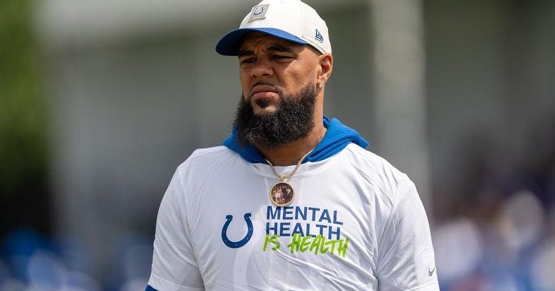 Indianapolis Colts wide receiver Keenan Allen watches from the sidelines at a joint practice with the Atlanta Falcons on Aug.
