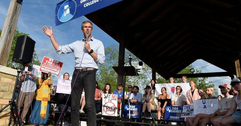 Former U.S. Rep. Beto O'Rourke, D-Texas, addresses a rally against President Donald Trump in Tuscaloosa, Alabama, on May 1, 2025.