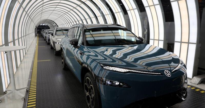 Electric vehicle production line at Volkswagen factory in Hefei