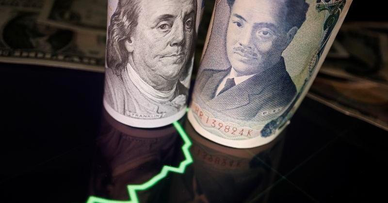 Illustration picture of Japanese yen and U.S. dollar banknotes