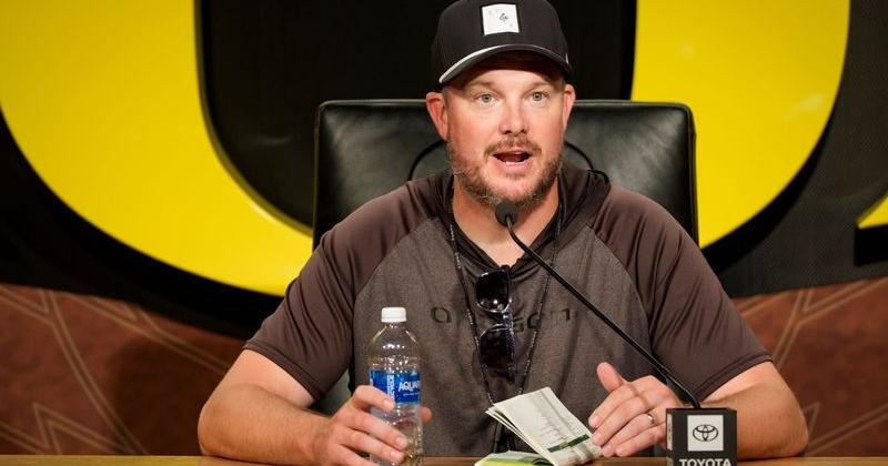 Oregon head coach Dan Lanning speaks during a press conference on Aug. 18, 2026, at the Hatfield-Dowlin Complex in Eugene, Oregon.