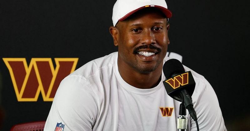 Outside linebacker Von Miller speaks with the media after a training camp practice while a member of the Washington Commanders.