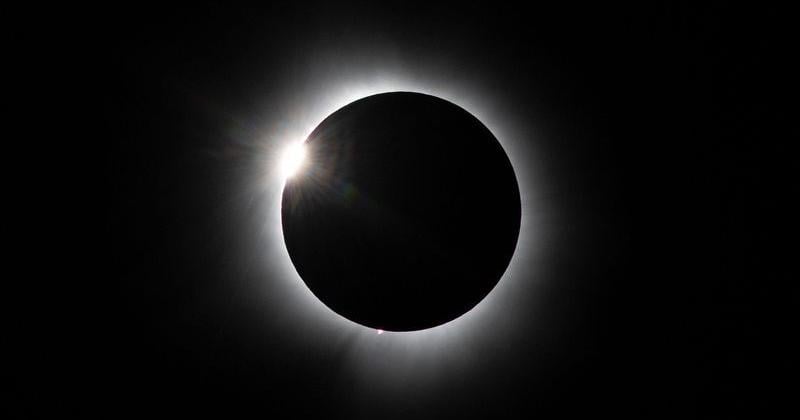 The total solar eclipse seen above downtown Evansville, Ind., Monday, April 8, 2024.