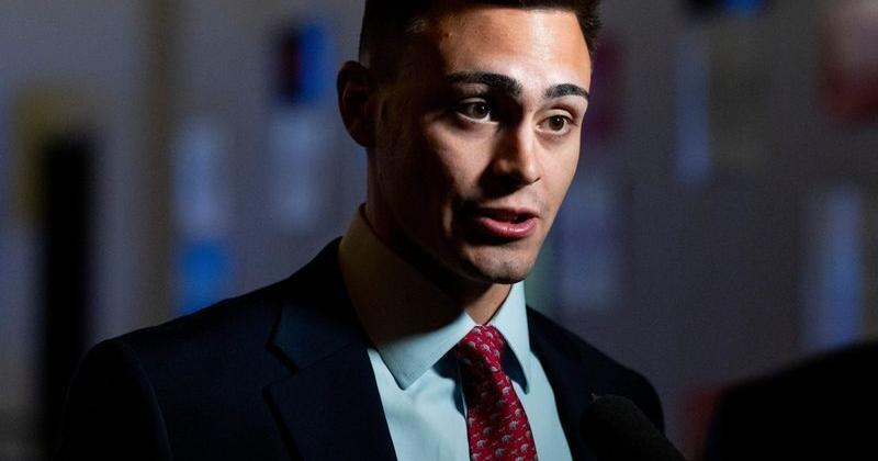 7th Congressional District candidate Michael Alfonso speaks to the press during the 2026 Republican Party of Wisconsin State Convention on Saturday May 16, 2026 at the Kalahari Resorts & Conventions in Baraboo, Wisconsin.