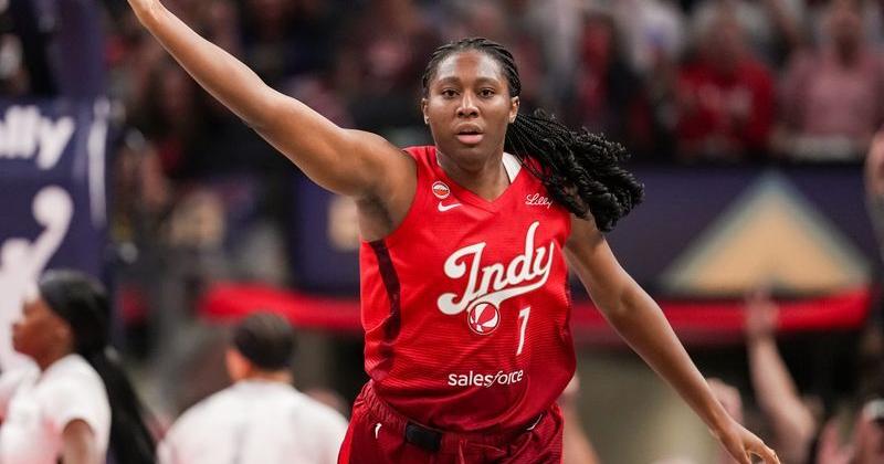 Indiana Fever center Aliyah Boston (7) celebrates a three-point basket on Thursday, Aug. 6, 2026, during the game at Gainbridge Fieldhouse in Indianapolis.