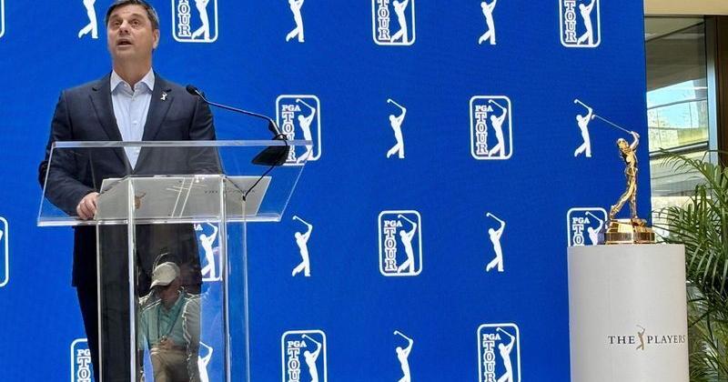 PGA Tour CEO Brian Rolapp addresses a the media, tournament sponsors and Tour employees during a news conference on March 11 at