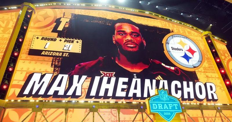 Arizona State Sun Devils offensive lineman Max Iheanachor is selected by the Pittsburgh Steelers as the number 21 pick during the 2026 NFL Draft at Acrisure Stadium.