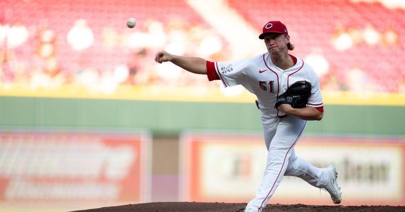 Cincinnati Reds pitcher Brady Singer (51) pitches in the third inning between the Athletics and Cincinnati Reds at Great