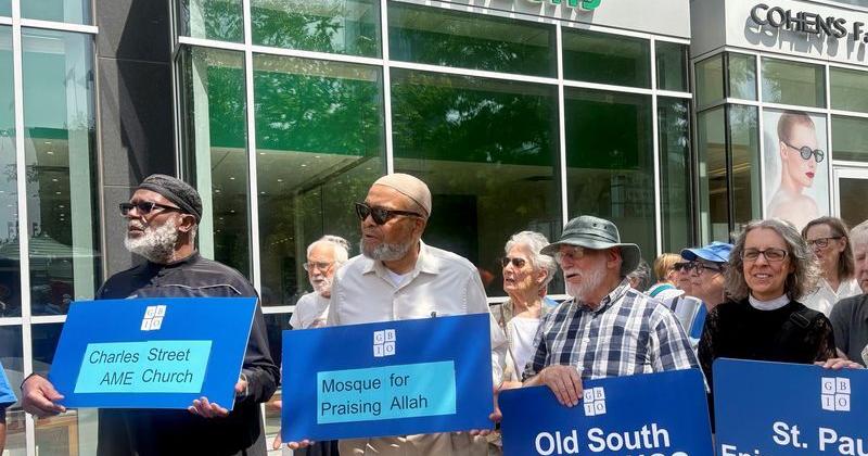 Members of the Greater Boston Interfaith Organization announcing withdrawals of $2 million from Citizens Bank in June 2026 in Boston.
