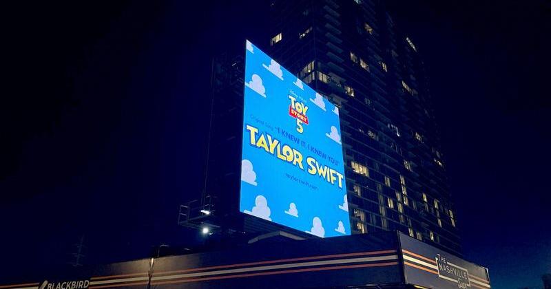 A billboard in Midtown Nashville teases Taylor Swift’s new song “I Knew It, I Knew You” from Disney and Pixar’s “Toy Story 5” ahead of its June release.