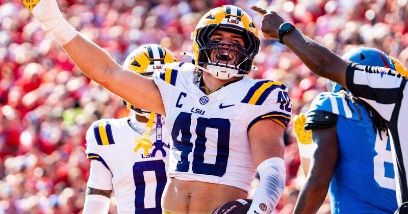 LSU linebacker Whit Weeks (40) gestures toward the crowd after a turnover during a college football game between Ole Miss and LSU at Vaught-Hemingway Stadium in Oxford, Miss., on Saturday, Sept. 27, 2025.