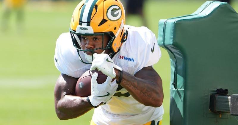 Green Bay Packers running back Jaden Nixon participates in a drill during the fifth day of training camp on Aug. 3, 2026, at Ray Nitschke Field in Ashwaubenon, Wis.