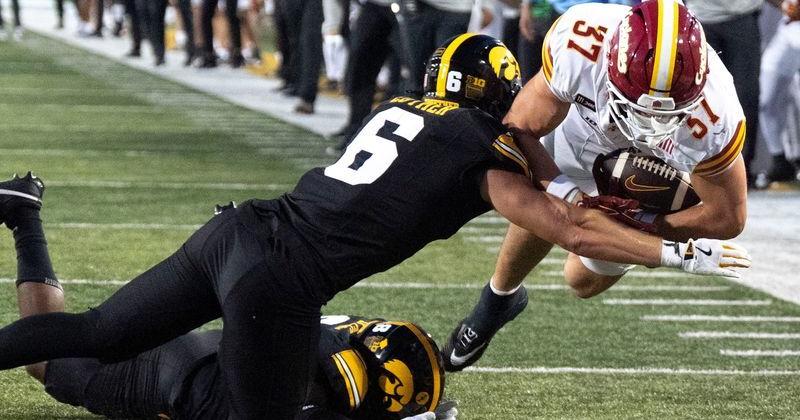 Iowa State tight end Vince Benetti (37) dives for the endzone as Iowa Hawkeyes defensive back Zach Lutmer (6) attempts to tackle