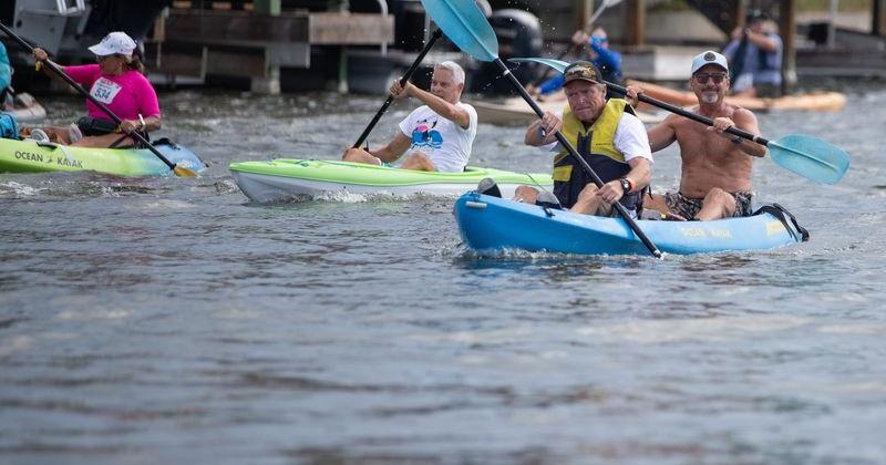 Kayakers race in the Paddle for Parkinson's event on North Padre Island in Corpus Christi, Texas, on Sept. 5, 2026.
