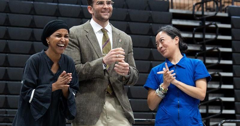 From left, U.S. Rep. Ilhan Omar, Twitch streamer Hasan Piker and Wisconsin gubernatorial candidate Francesca Hong campaign together on Aug. 2, 2026, in South Milwaukee.