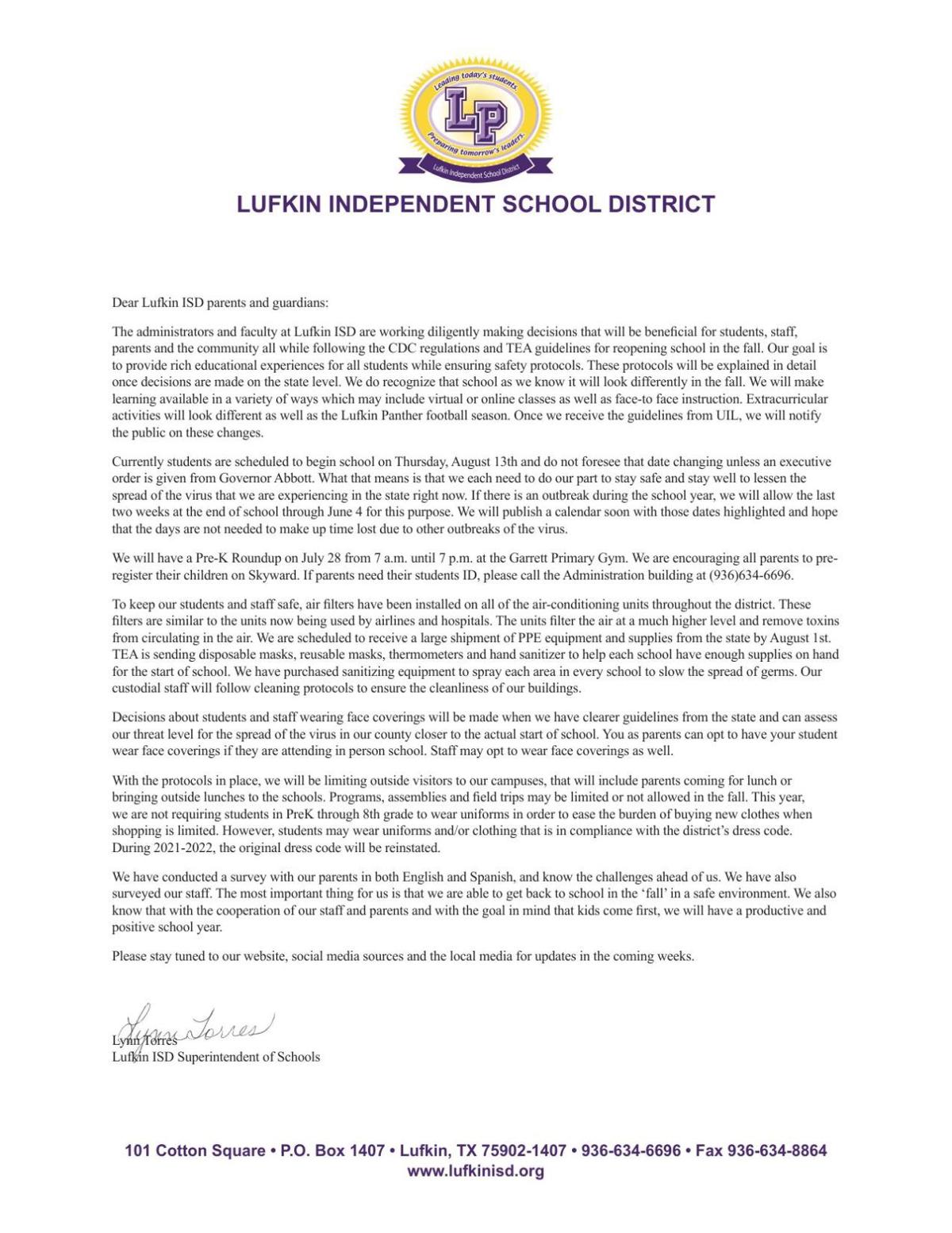 Lufkin Isd Releases Letter To Parents On Upcoming School Year
