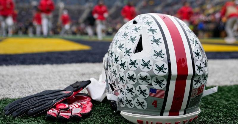 The helmet of Ohio State Buckeyes wide receiver Jeremiah Smith sits on the sideline prior to the NCAA football game against the