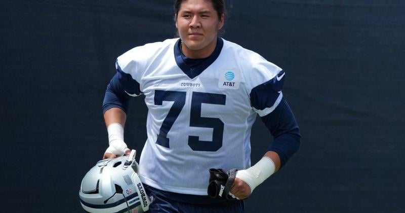 Dallas Cowboys tackle Shiyazh Pete (75) at training camp at River Ridge Playing Fields in Oxnard, California on July 29, 2026.